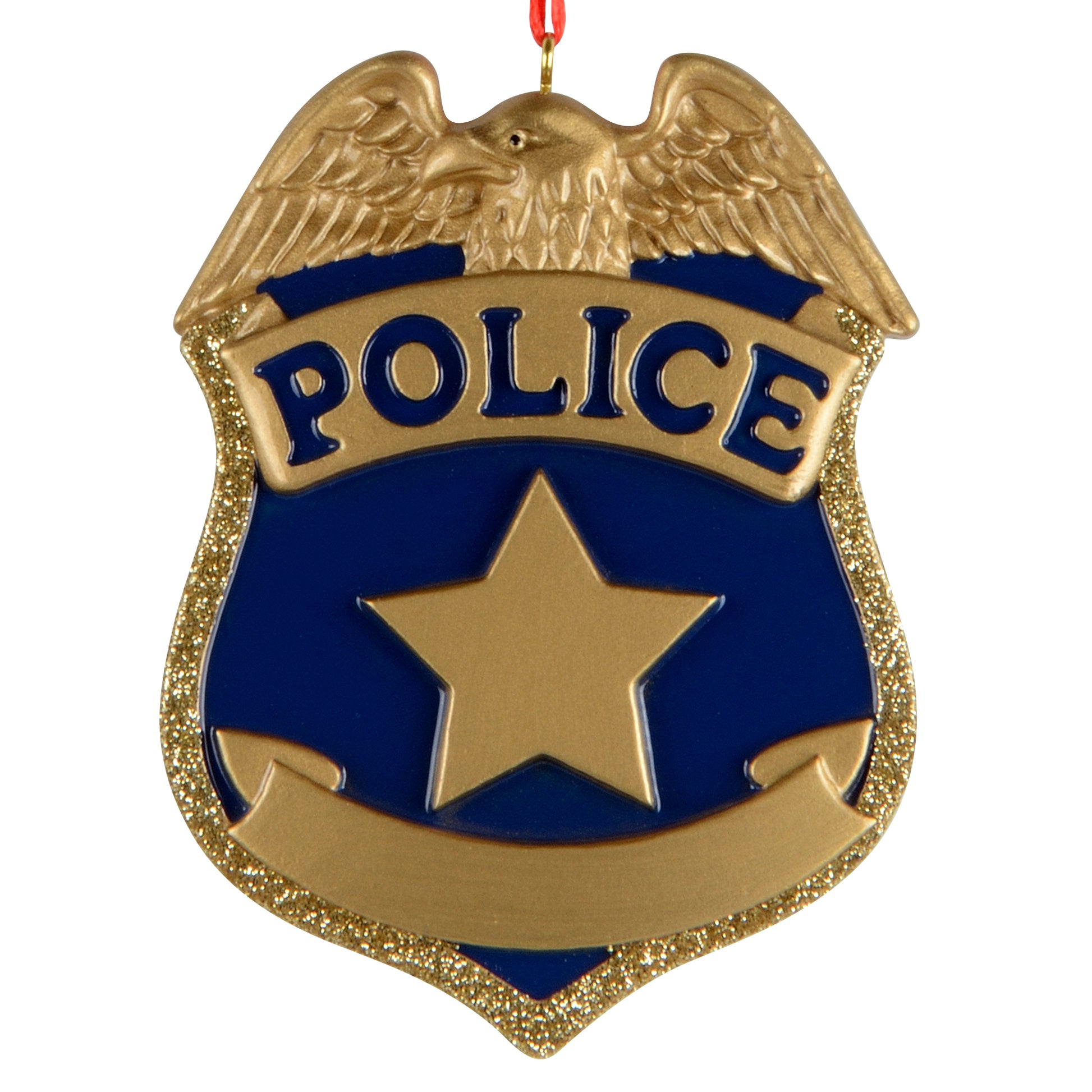 Handpainted gold and blue police badge ornament with eagle detail and red hanging ribbon