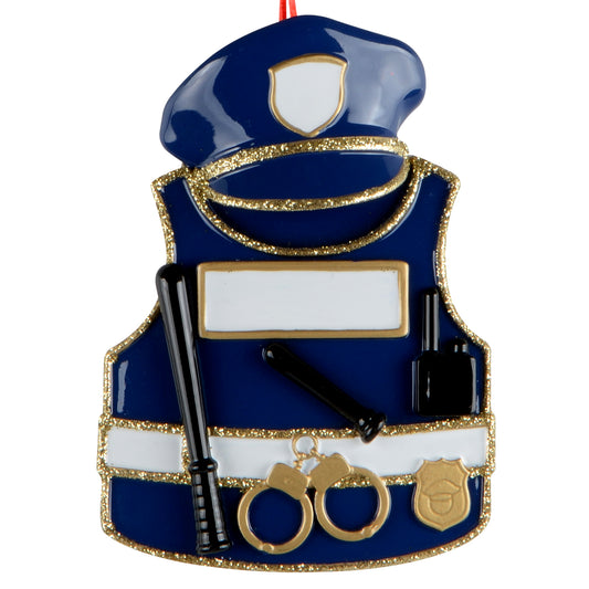 Handpainted blue and gold police vest ornament with cap, handcuffs, baton, and radio