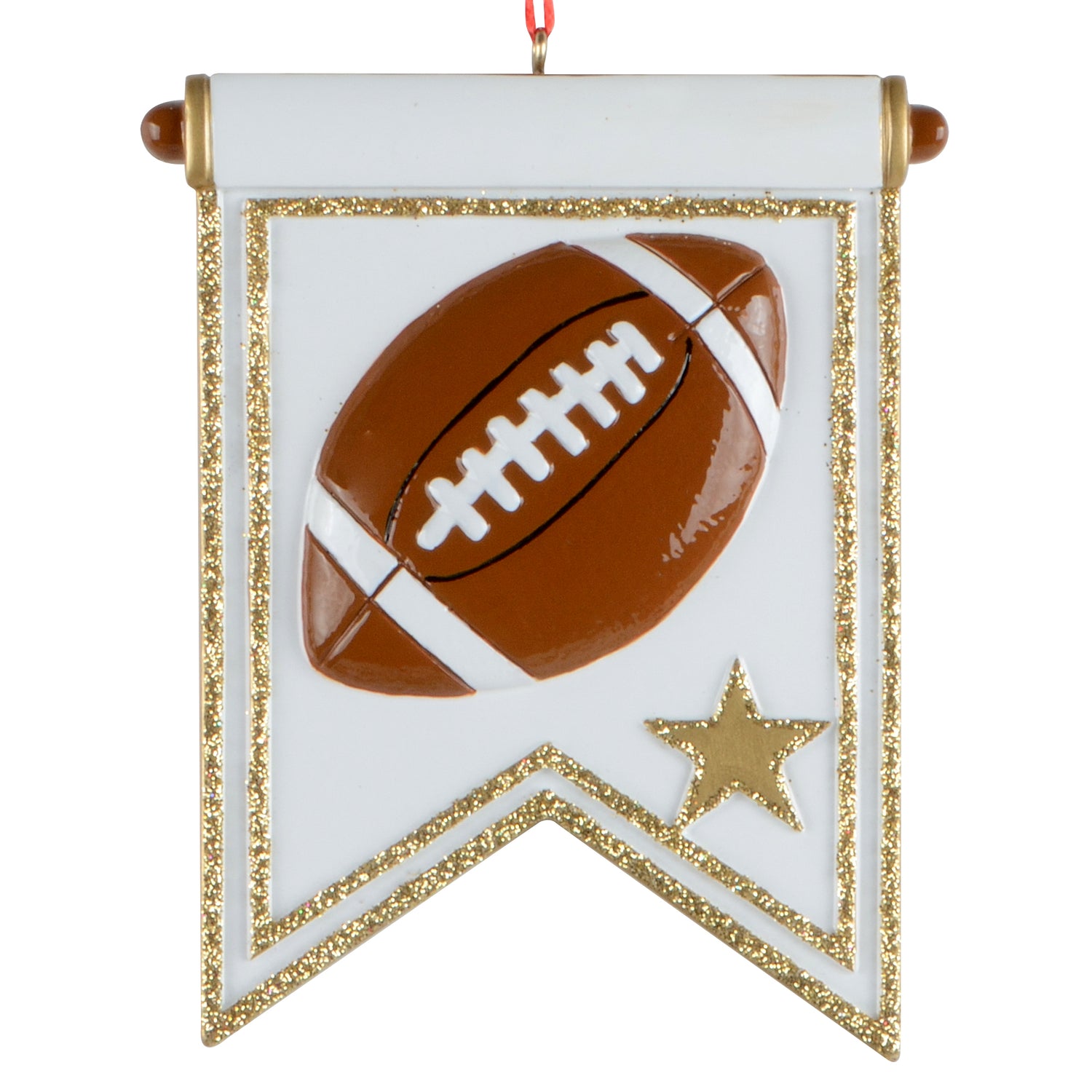 handpainted football banner holiday ornament with gold glitter trim and star