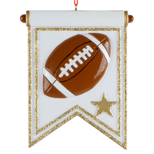 handpainted football banner holiday ornament with gold glitter trim and star