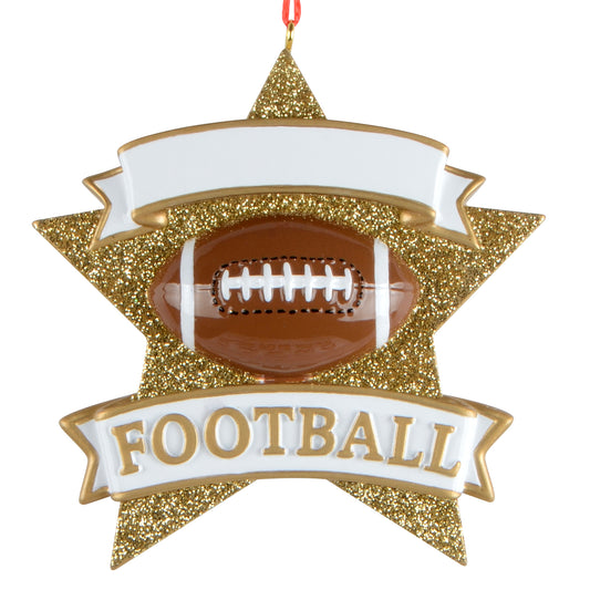 Football Star Christmas ornament with glittering gold star, detailed brown football, white banner with gold text and red hanging ribbon