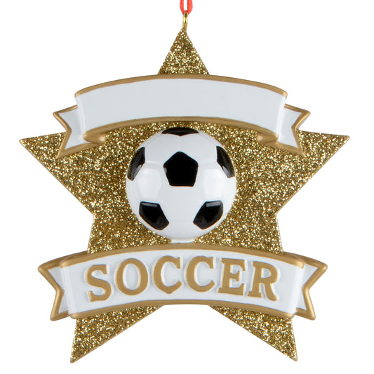Gold glitter star ornament with black and white soccer ball and 'SOCCER' banner