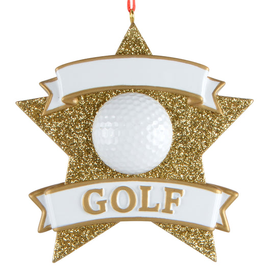 Gold glitter star ornament with a white golf ball centerpiece and white banners accented with gold, featuring the word 'GOLF'.
