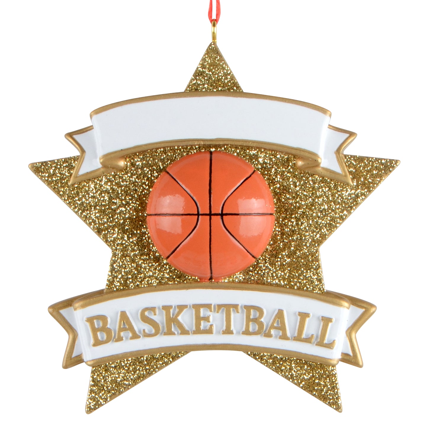 Handpainted basketball star holiday ornament with glittery gold star and orange basketball centerpiece
