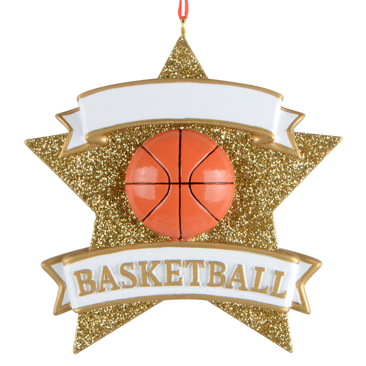 Handpainted basketball star holiday ornament with glittery gold star and orange basketball centerpiece