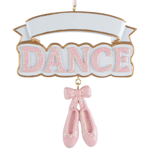 Handpainted Dance Ballerina Shoes holiday ornament with pink glitter letters and dangling ballet shoes