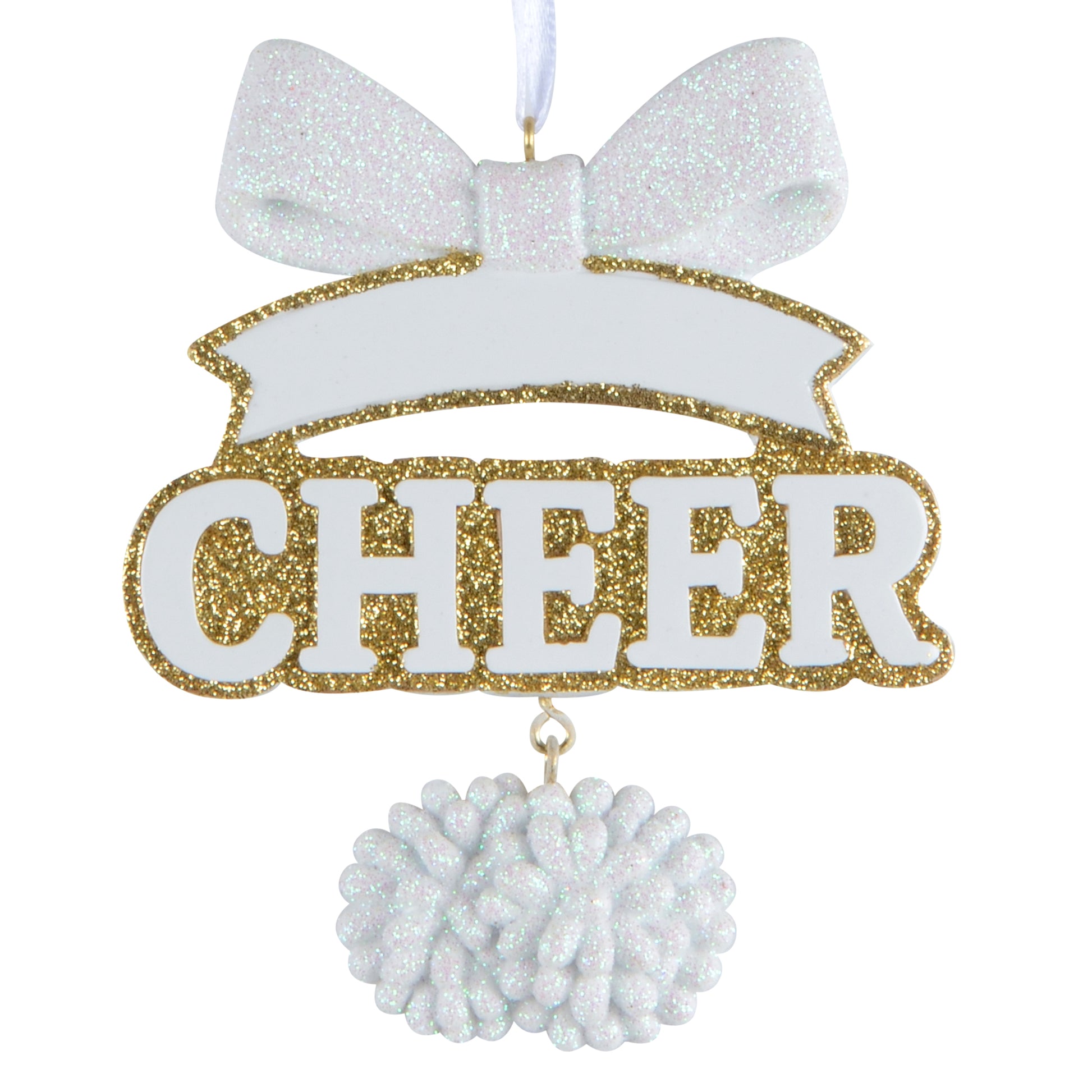 Gold and white cheer ornament with glitter, bow, and pom pom detail