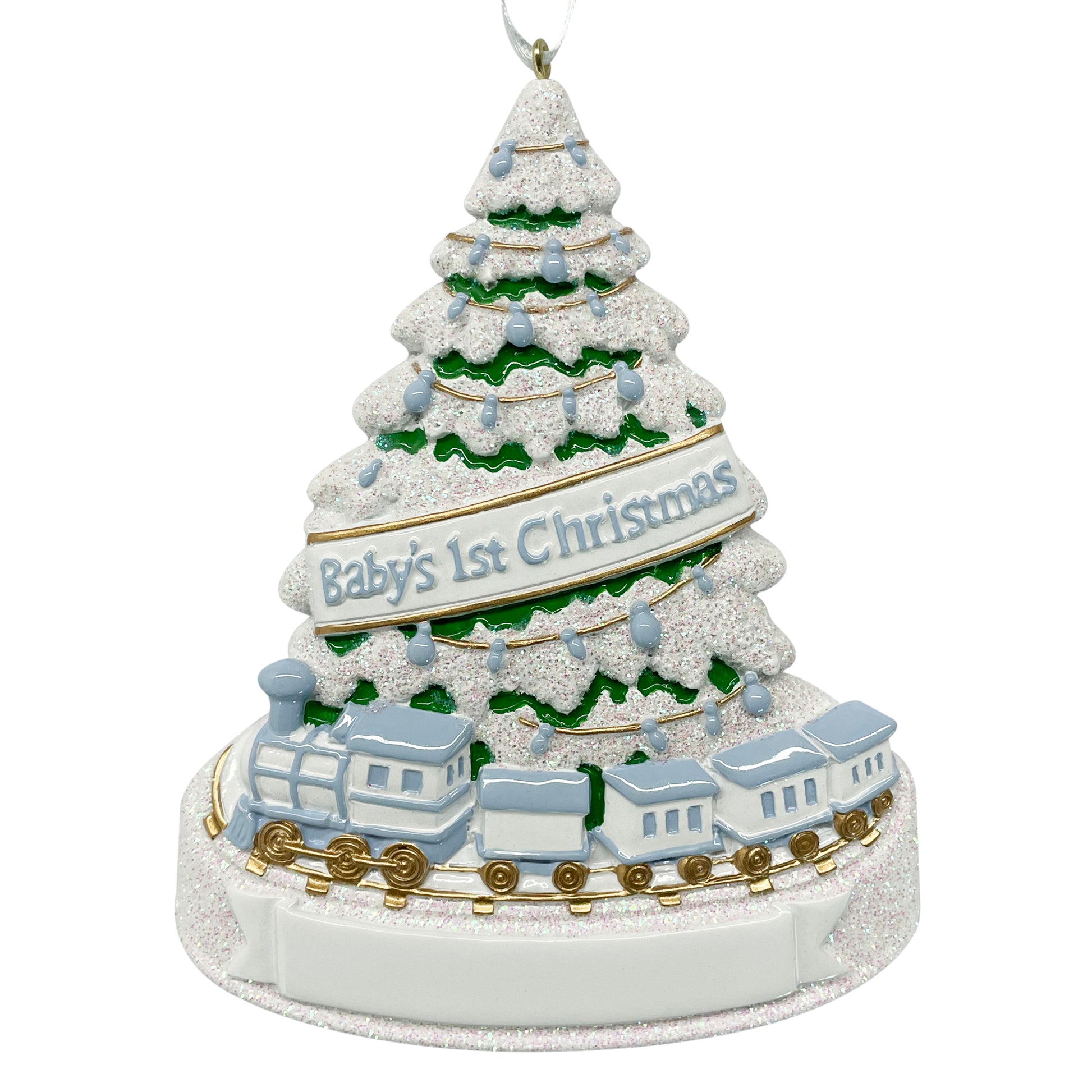 Handpainted Baby's First Christmas ornament featuring a blue and white train circling a snowy evergreen tree decorated with blue lights