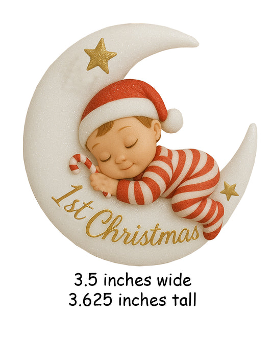 Sleeping baby in Santa hat on glittery crescent moon holding candy cane 1st Christmas ornament