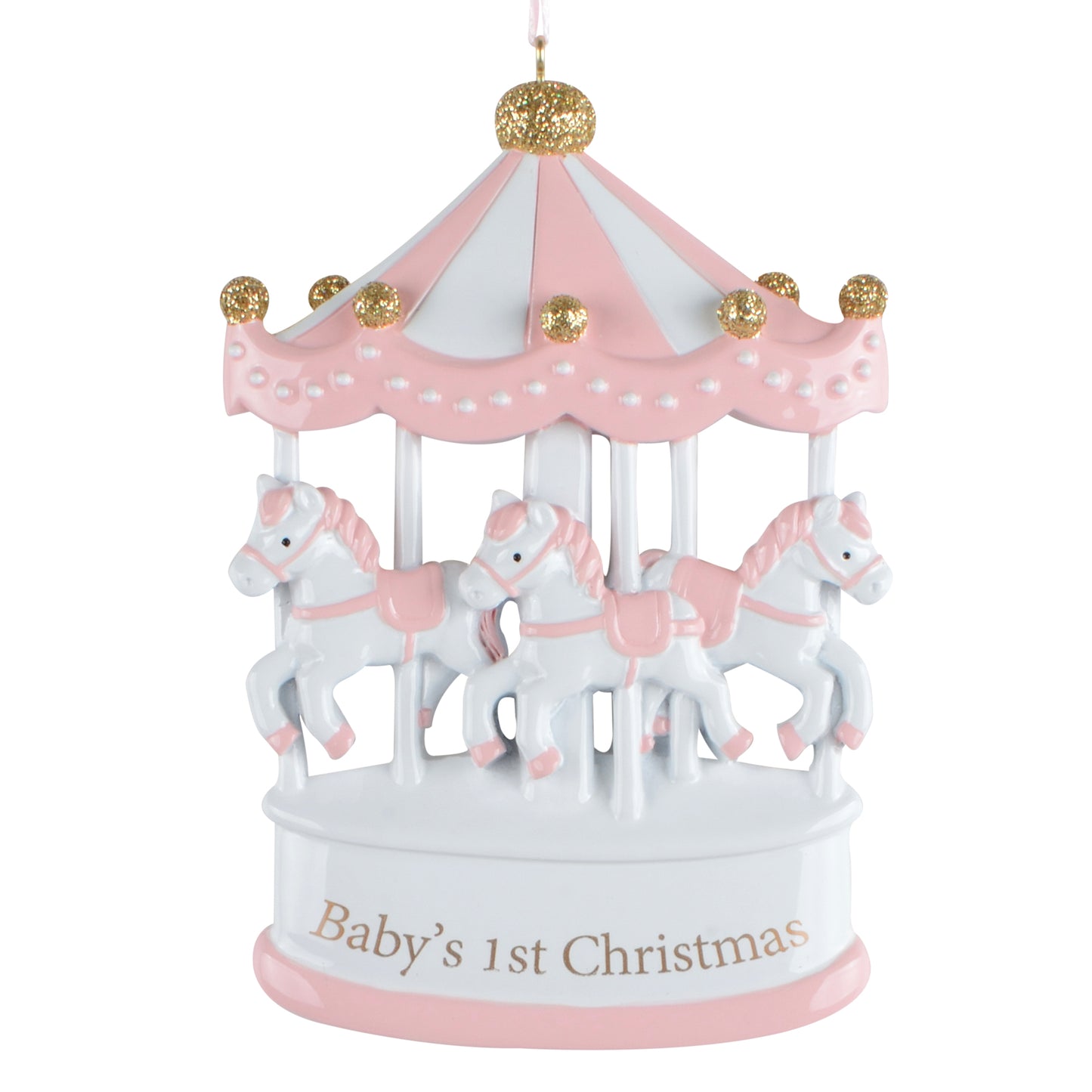 Baby's 1st Christmas pink and white carousel ornament with three white horses and gold glitter accents