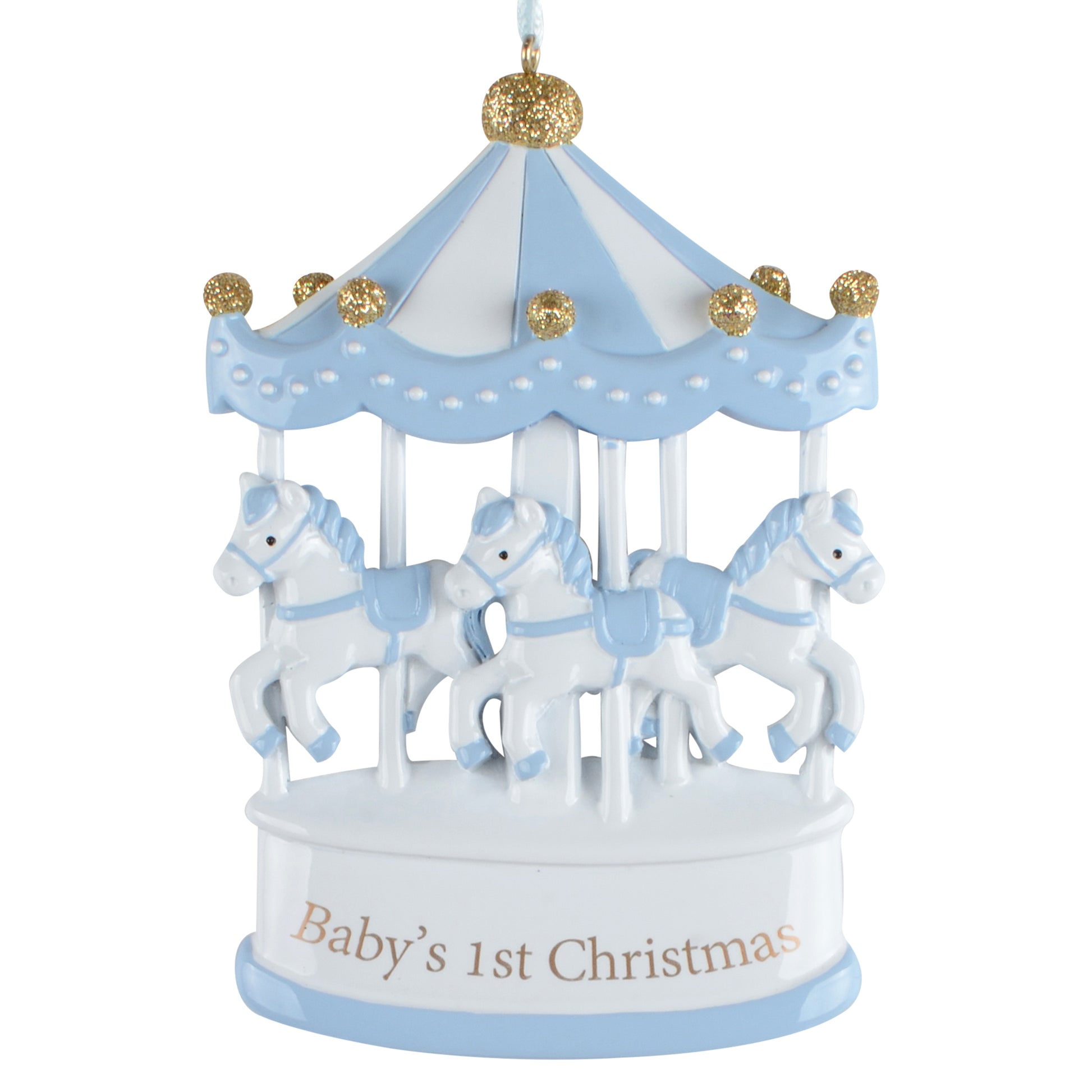 Blue and white carousel Christmas ornament with prancing horses and golden glitter accents, inscribed Baby's 1st Christmas