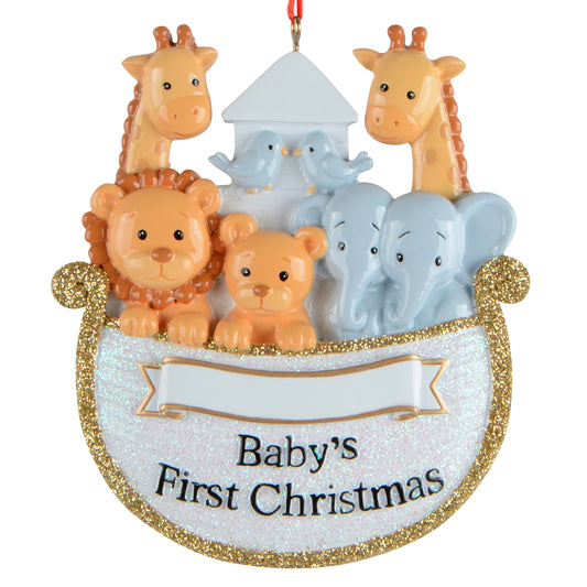 Handpainted baby's first Christmas Noah's Ark ornament with giraffes, lions, bears, elephants, blue birds, glitter trim, and gold accents