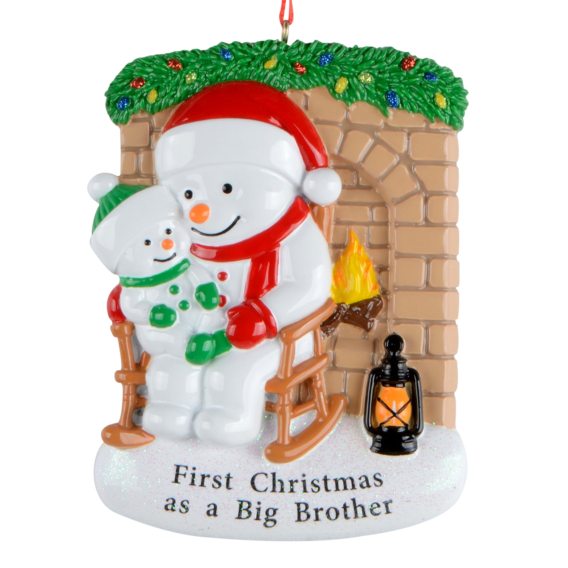 Handpainted snowman Christmas ornament showing big brother holding little brother in rocking chair by fireplace with festive garland