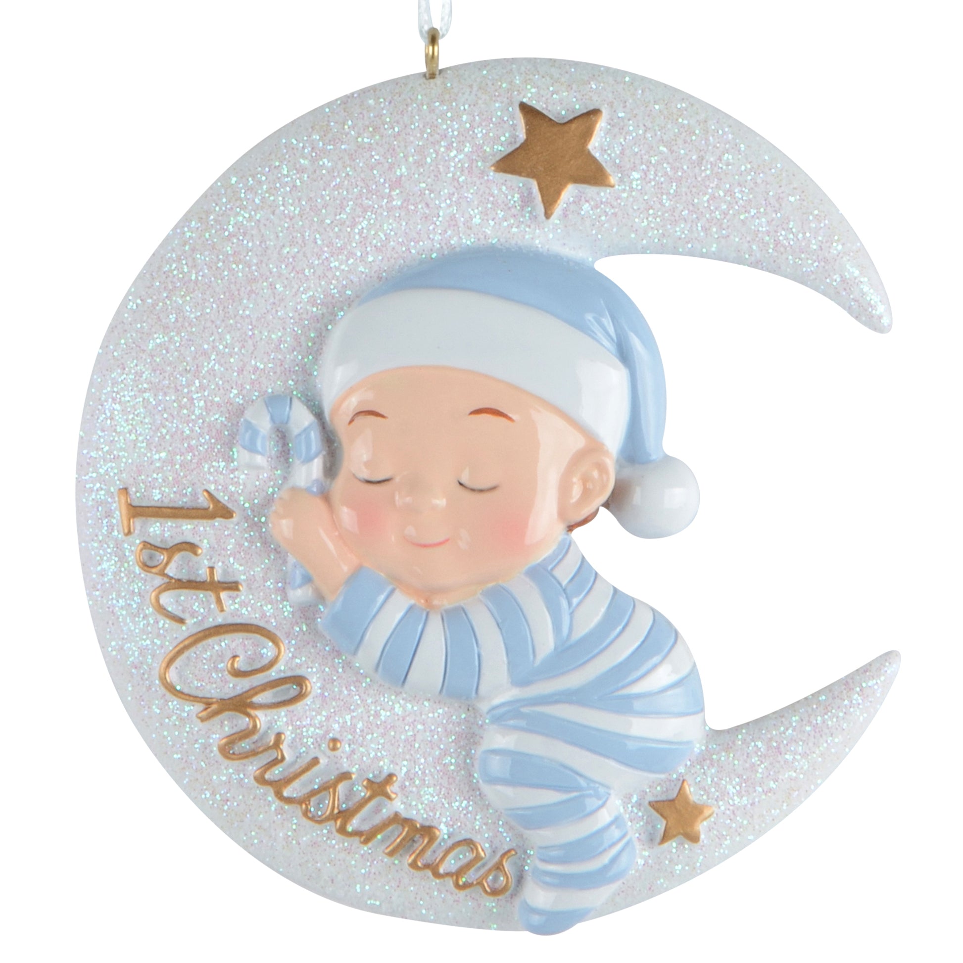 Handpainted Pink Moon 1st Christmas ornament with baby in blue pajamas sleeping on glittery crescent moon with gold stars