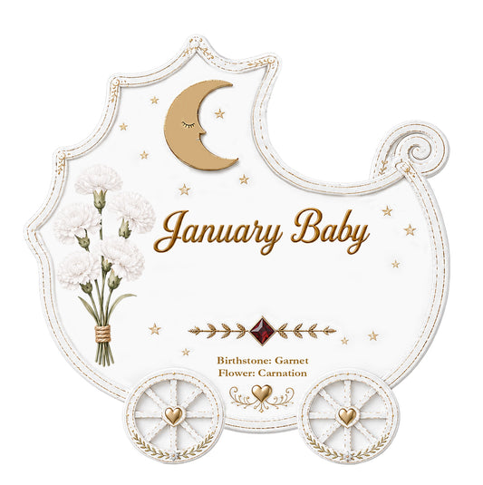 January Baby ornament shaped like a carriage with gold moon, white carnations, garnet accent, and gold details