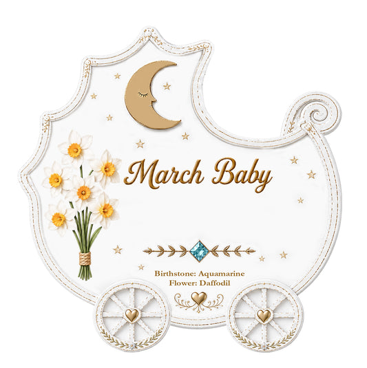 Hand-painted March Baby carriage ornament featuring daffodils, aquamarine gemstone, and gold accents