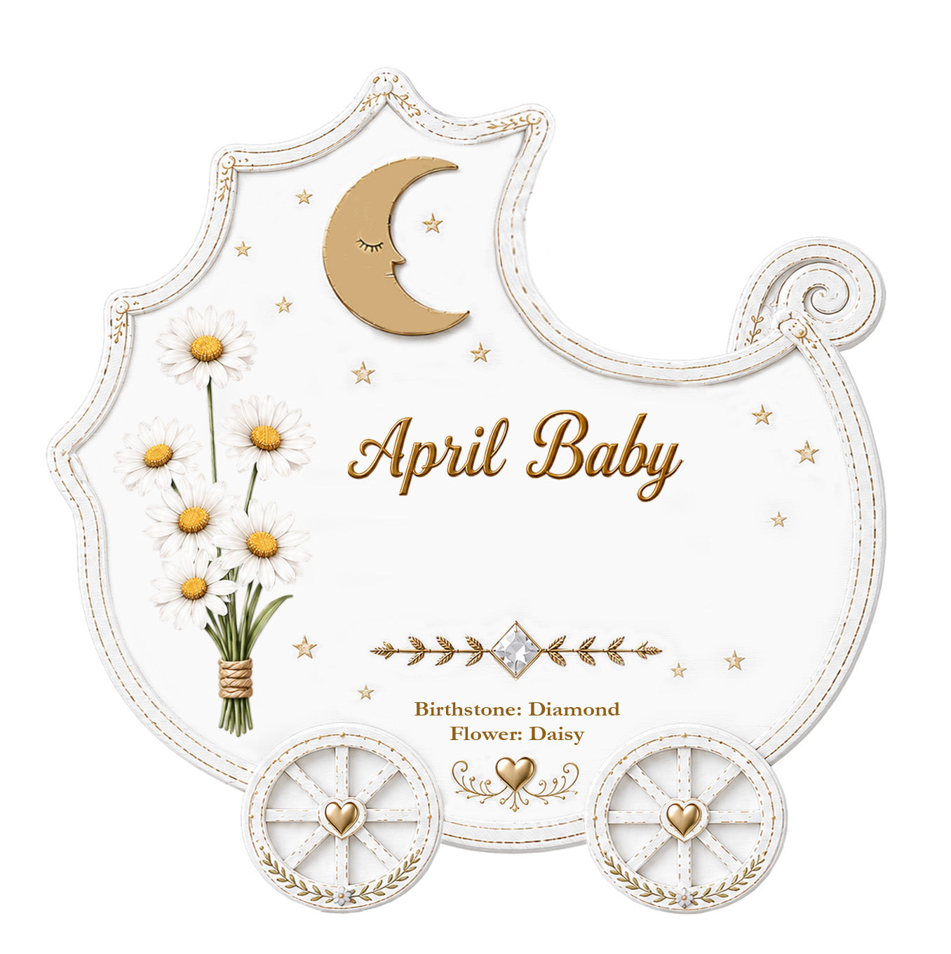 Handpainted April Baby ornament shaped like a carriage with daisies, gold moon, and heart wheels