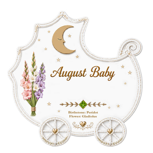 Handpainted baby carriage ornament with flowers, crescent moon, gold accents, and 'August Baby' inscription