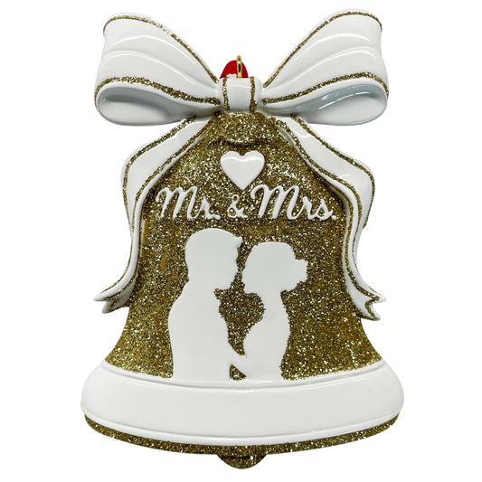 Gold wedding bell ornament with Mr. & Mrs. silhouette and white bow with glitter accents