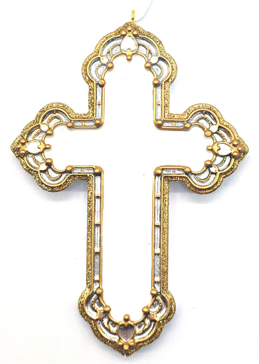 Edwardian-style cross ornament with gold and silver accents by Child to Cherish