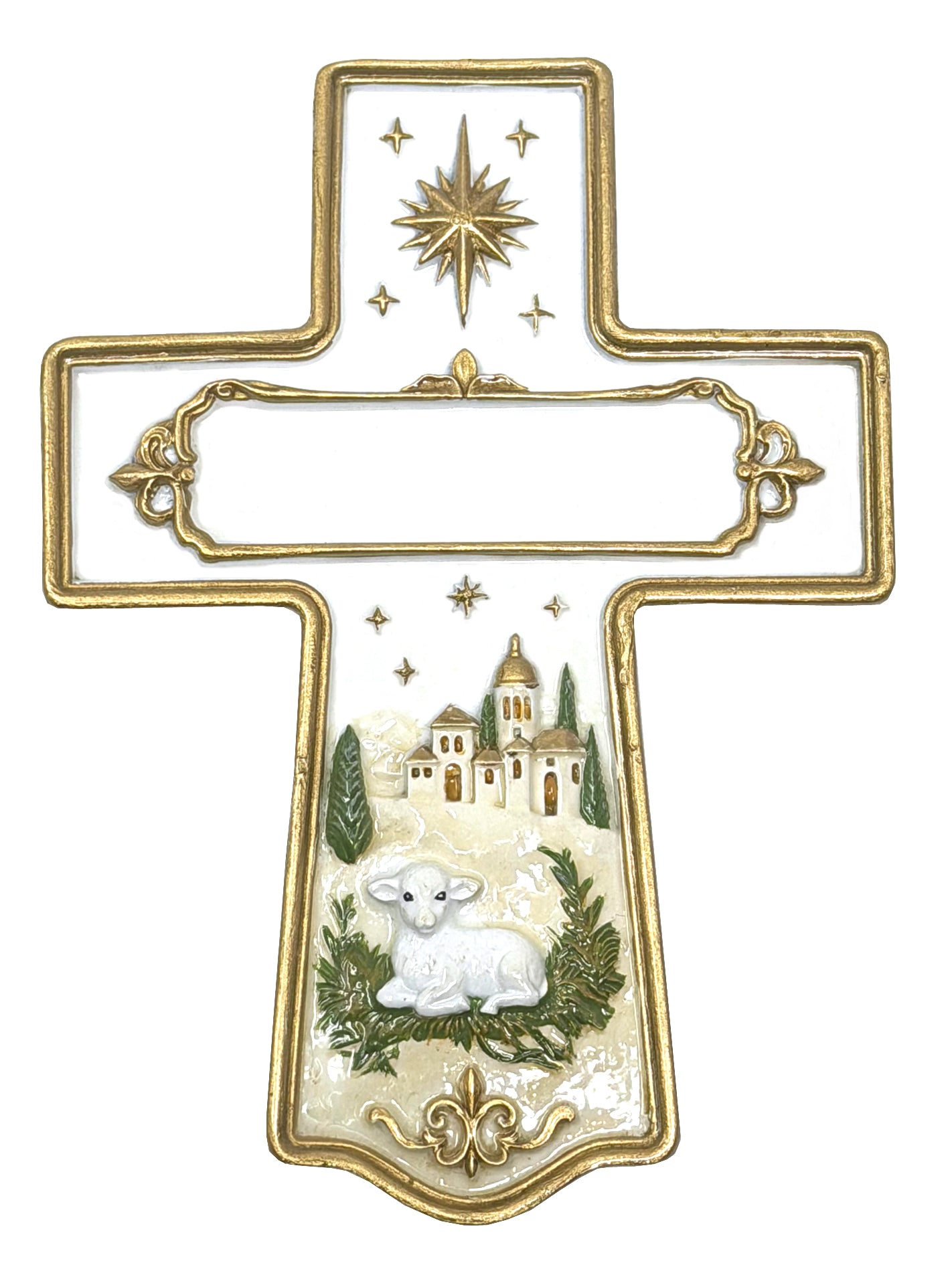 Handpainted cross ornament with gold trim, nativity village, lamb, and star by Child to Cherish