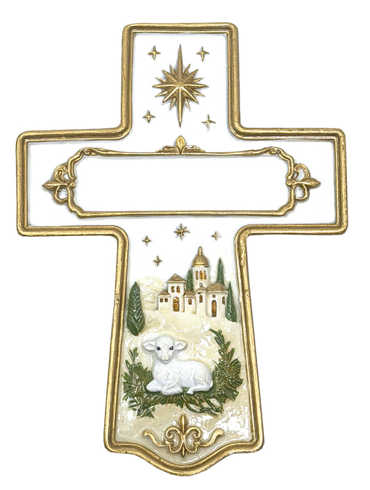 Handpainted cross ornament with gold trim, nativity village, lamb, and star by Child to Cherish