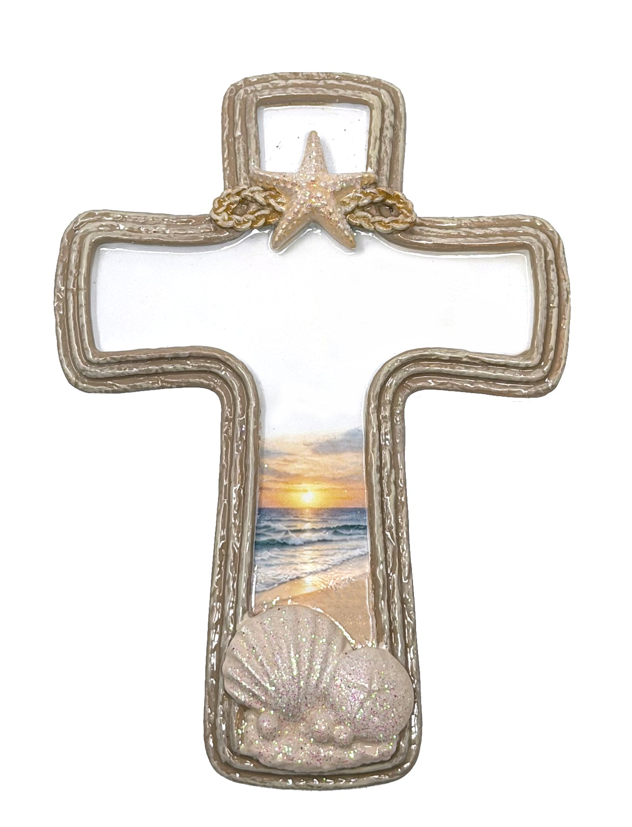 Handpainted cross ornament with beach sunset, starfish, and seashells by Child to Cherish