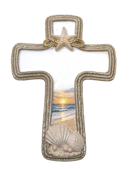 Handpainted cross ornament with beach sunset, starfish, and seashells by Child to Cherish