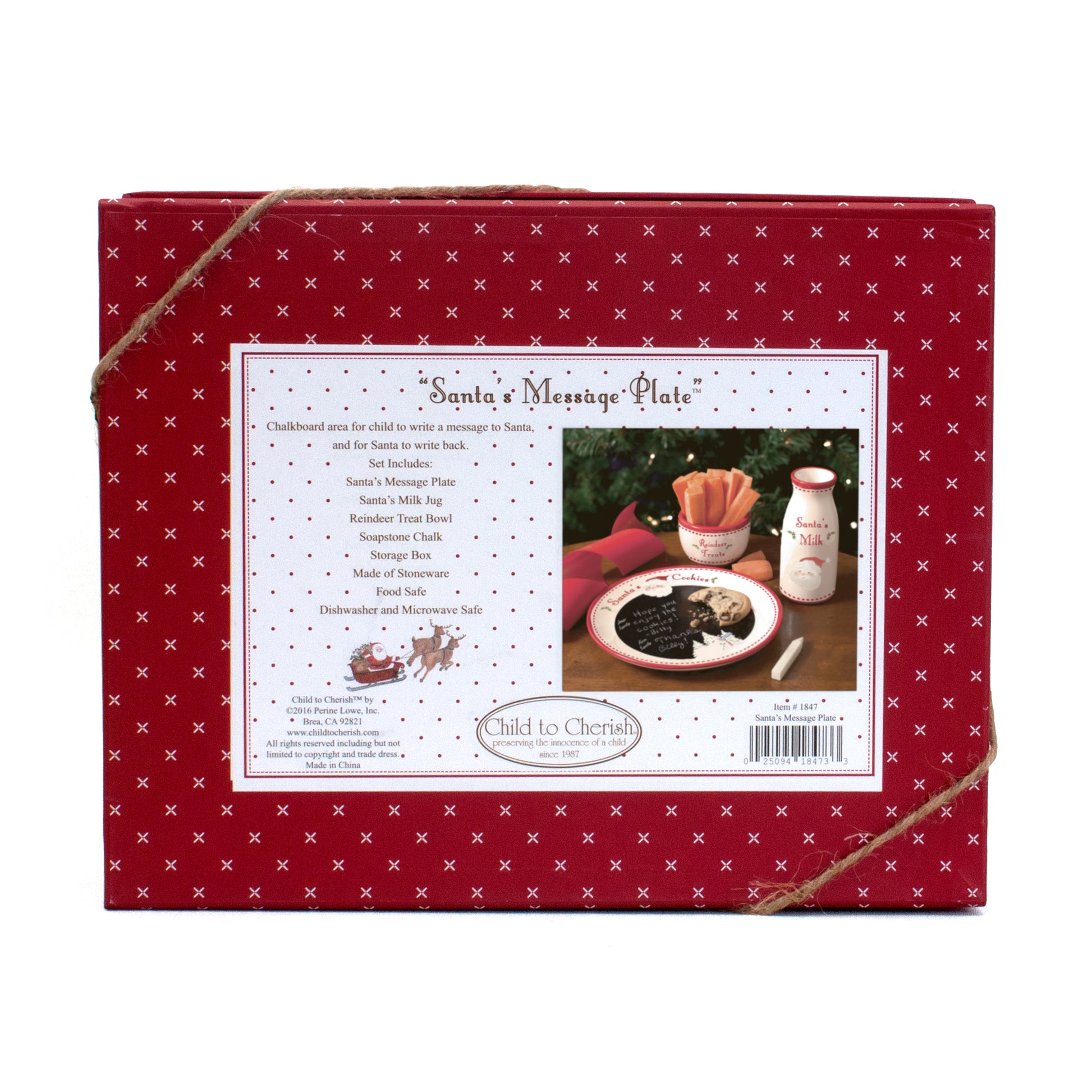 Back of the gift box showing product information and printed image of the plate and dish set in use