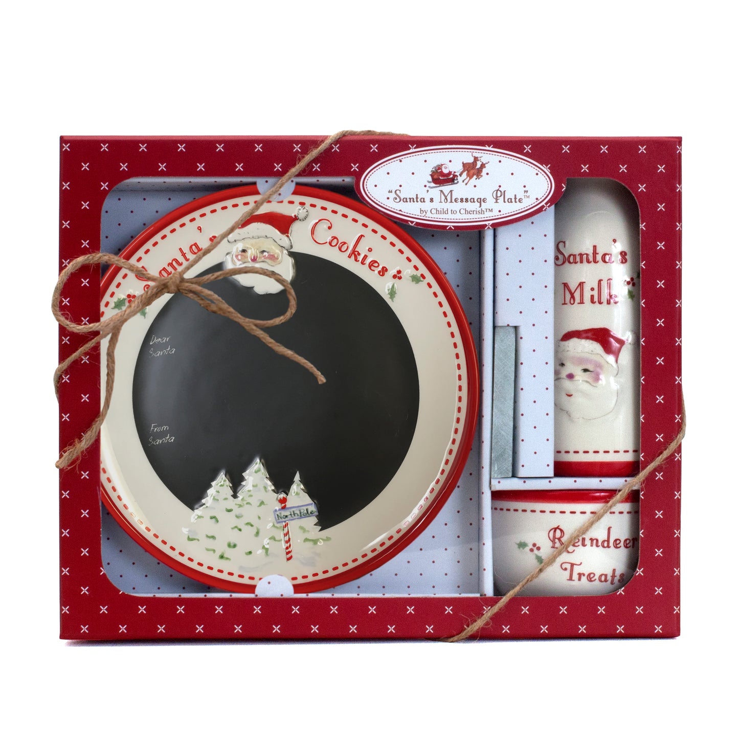 Packaged 3-piece Santa message plate set with chalkboard plate, milk jug, and reindeer treat bowl in red gift box tied with twine