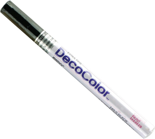 Black DecoColor extra fine tip opaque paint marker pen with white barrel and black cap