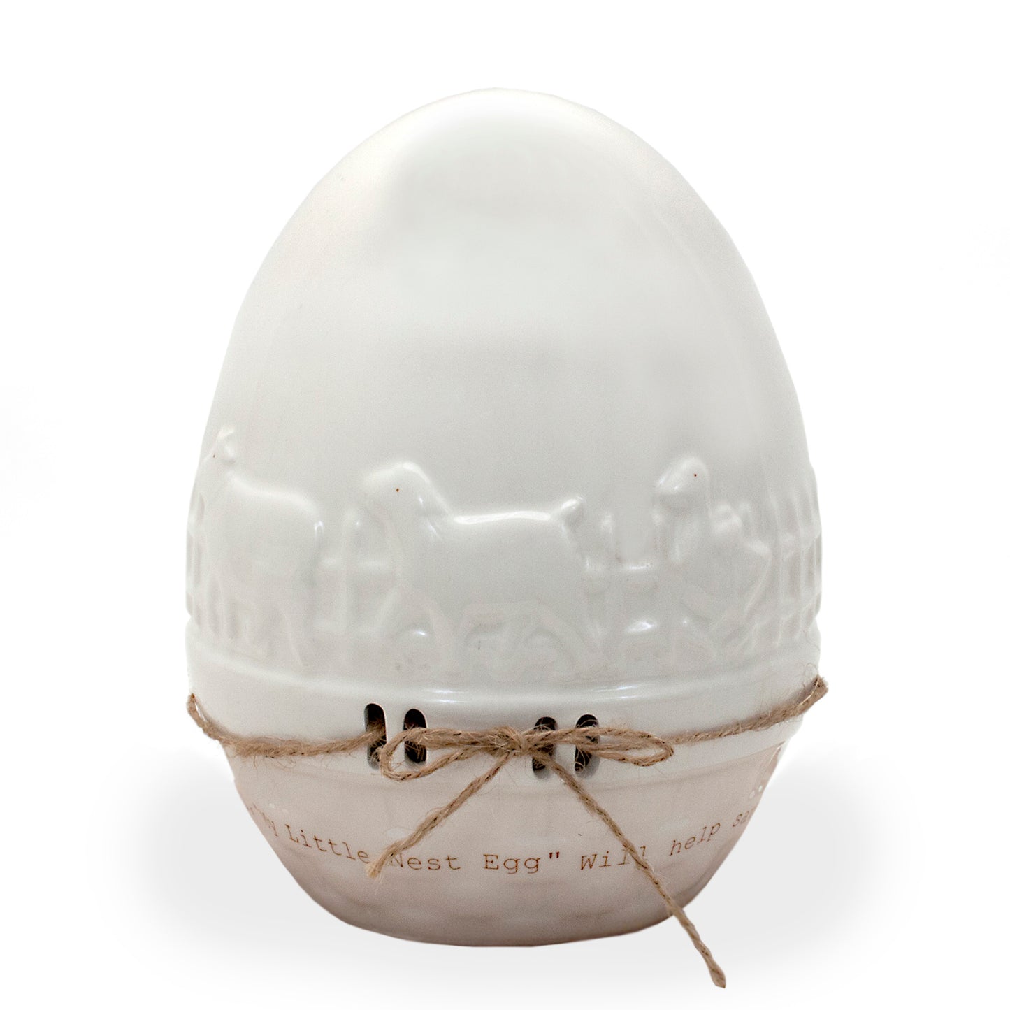 White ceramic egg-shaped piggy bank with embossed farm animals and tied twine detail
