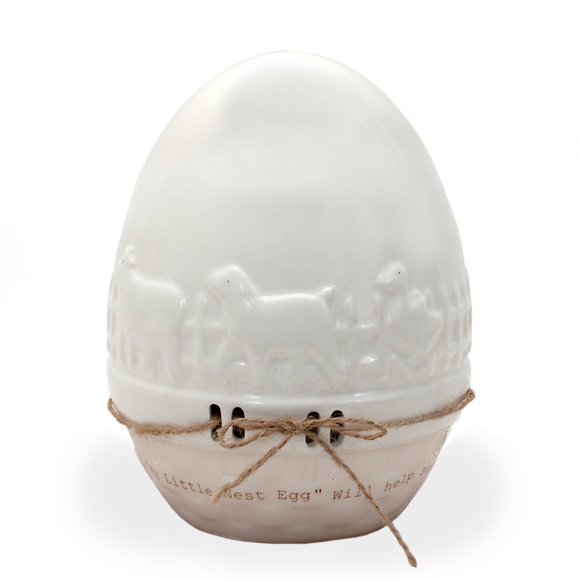 White ceramic egg-shaped piggy bank with embossed farm animals and tied twine detail