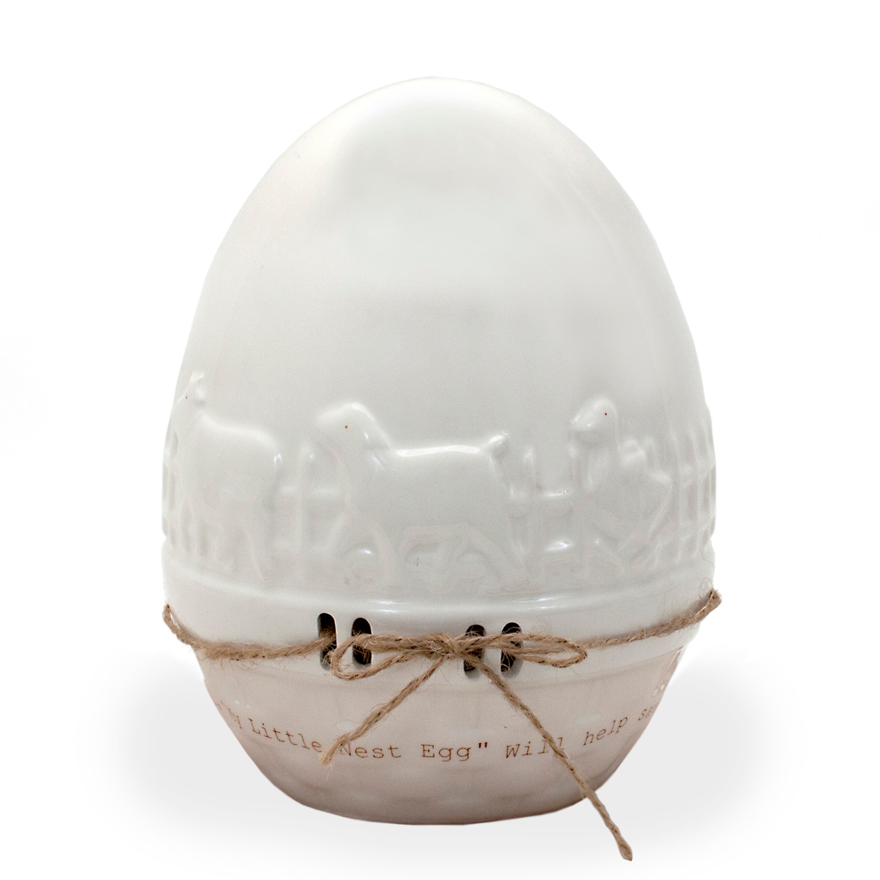 White ceramic egg-shaped piggy bank with embossed farm animals and tied twine detail