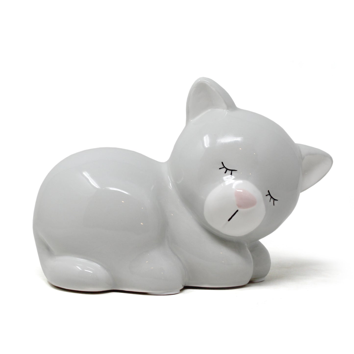 Gray ceramic Kit Kat cat piggy bank with closed eyes and pink nose