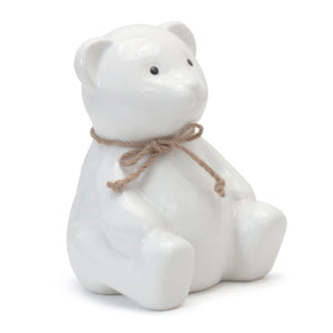 Handpainted white ceramic big bear piggy bank with brown twine bow