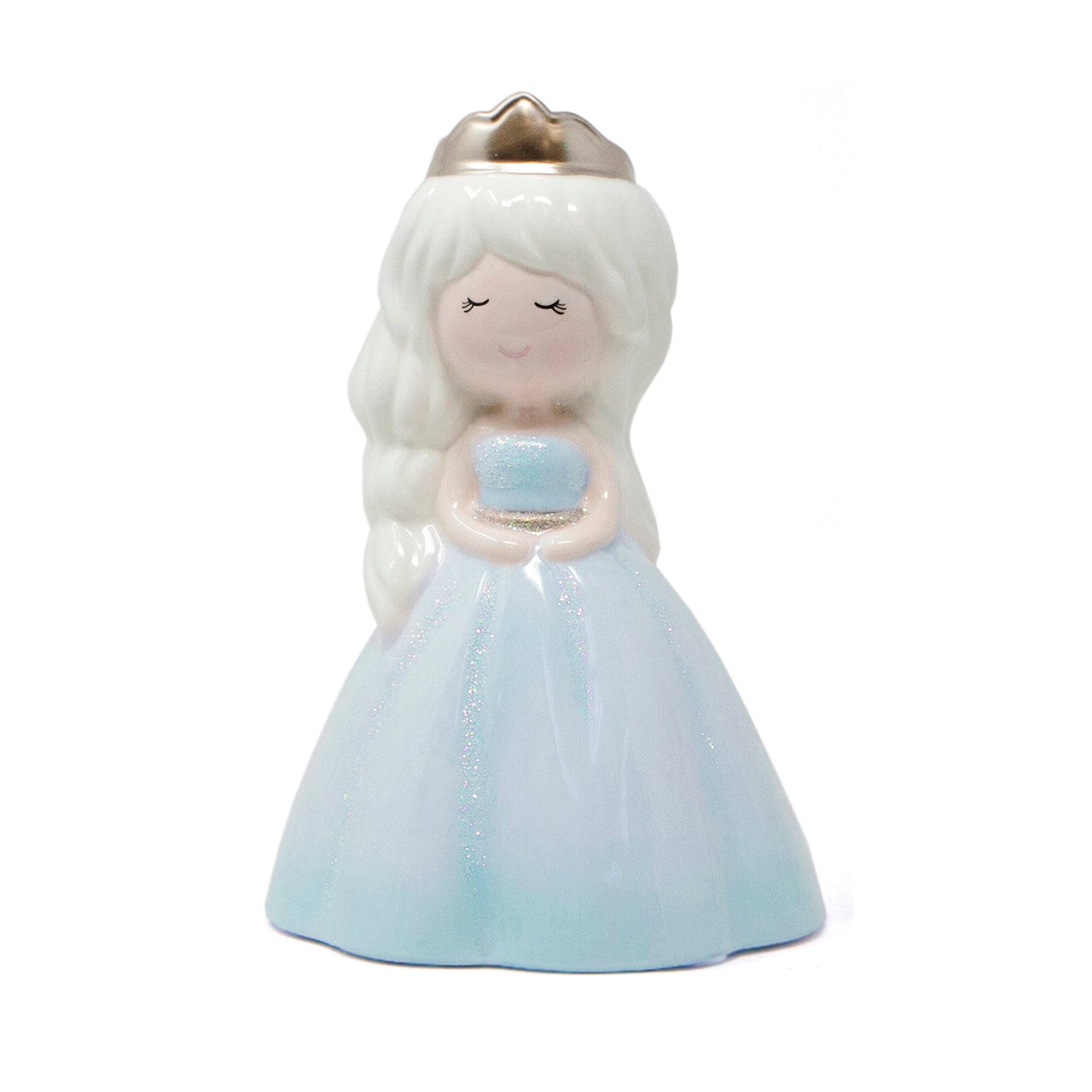 Handpainted ceramic ice princess piggy bank with golden crown and glitter blue dress