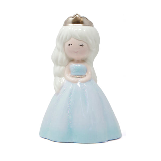 Handpainted ceramic ice princess piggy bank with golden crown and glitter blue dress