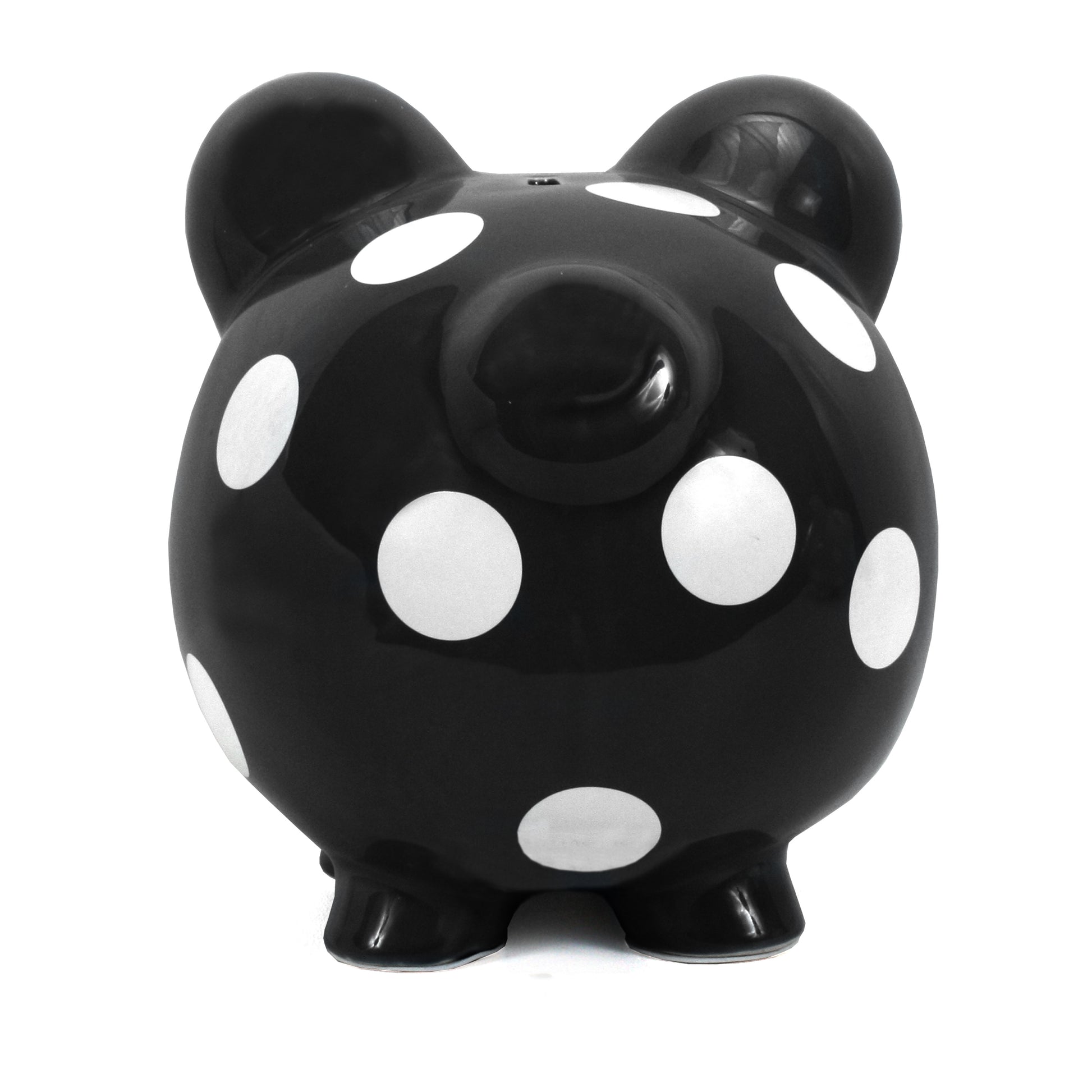 Front angled view of black piggy bank with large white polka dots