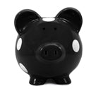 Front view of ceramic piggy bank in black with white dots