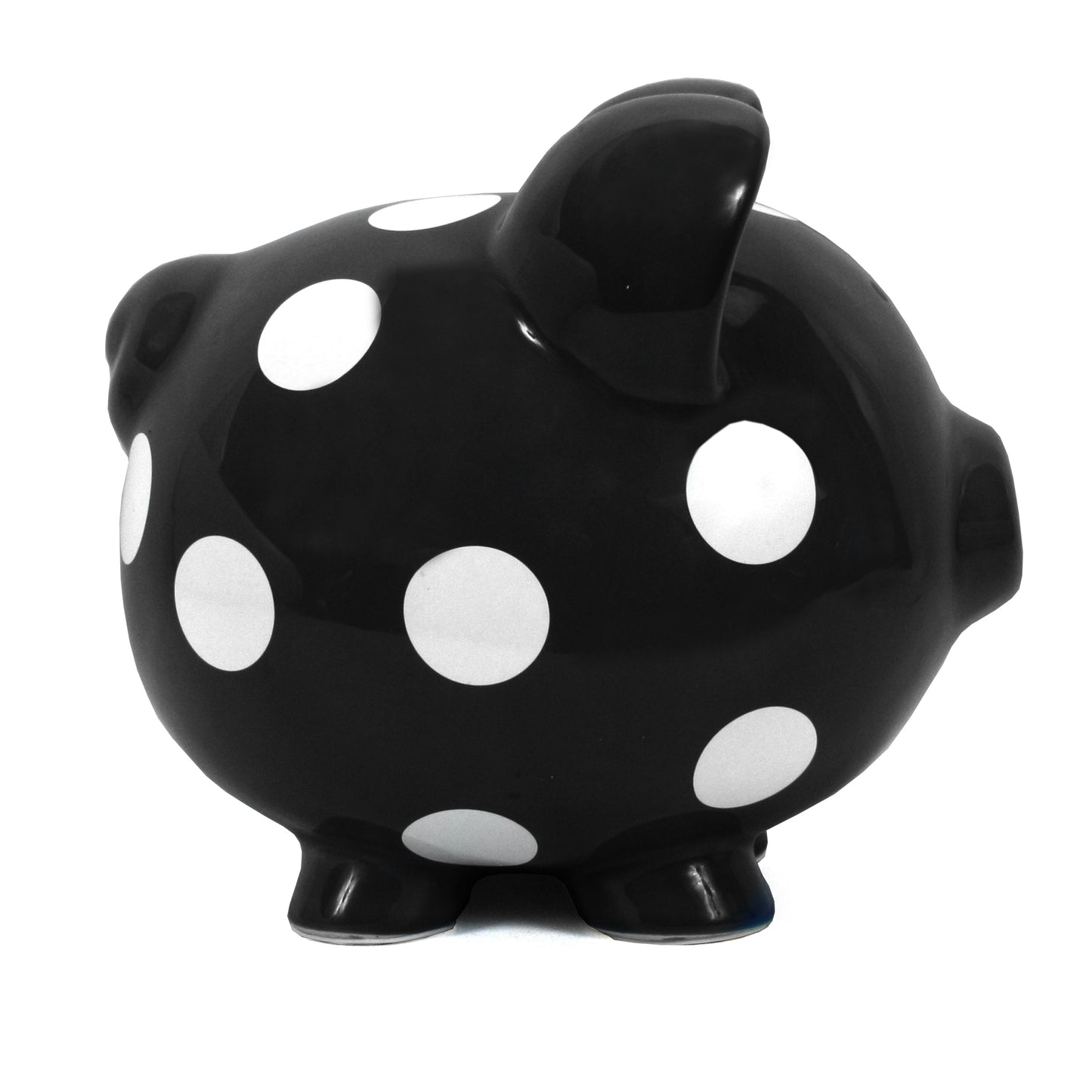 Side view of black polka dot piggy bank showing rounded shape