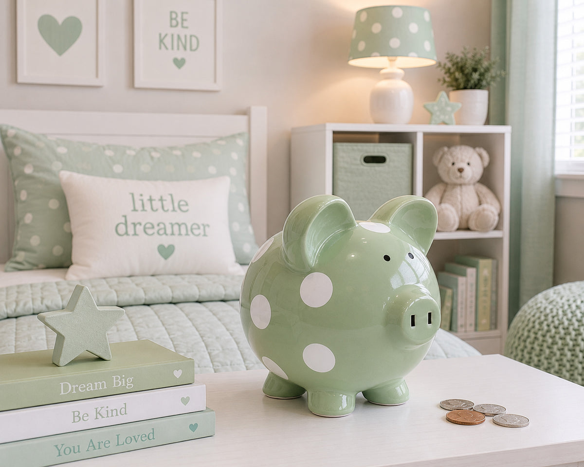 Sage Polka Dot Piggy Bank