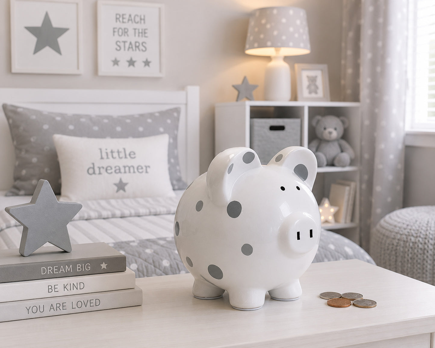 Gray Polka Dot Piggy Bank