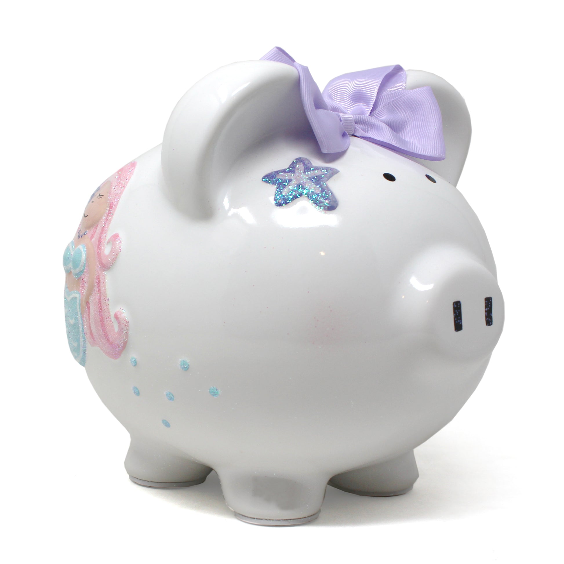 Side view of white ceramic piggy bank featuring purple starfish and lavender bow on top