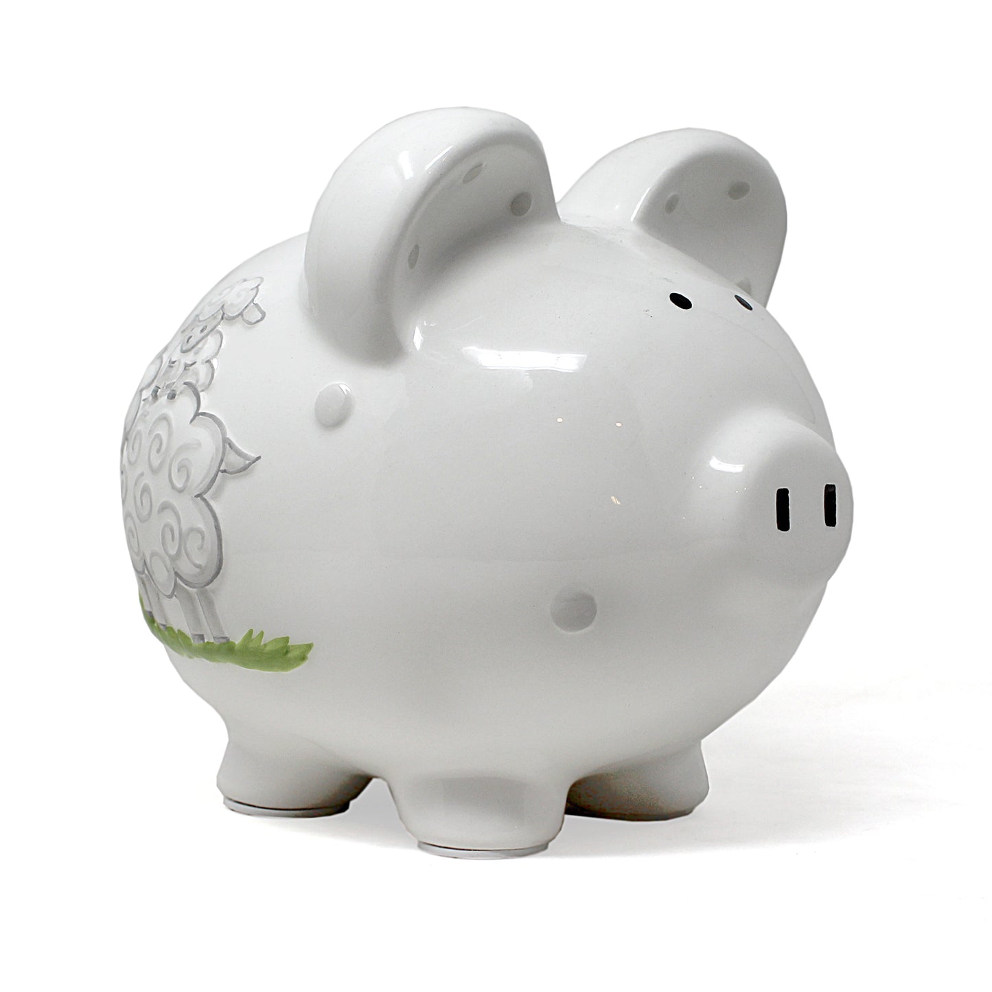 White ceramic piggy bank with gray lamb illustration on side, viewed from front left