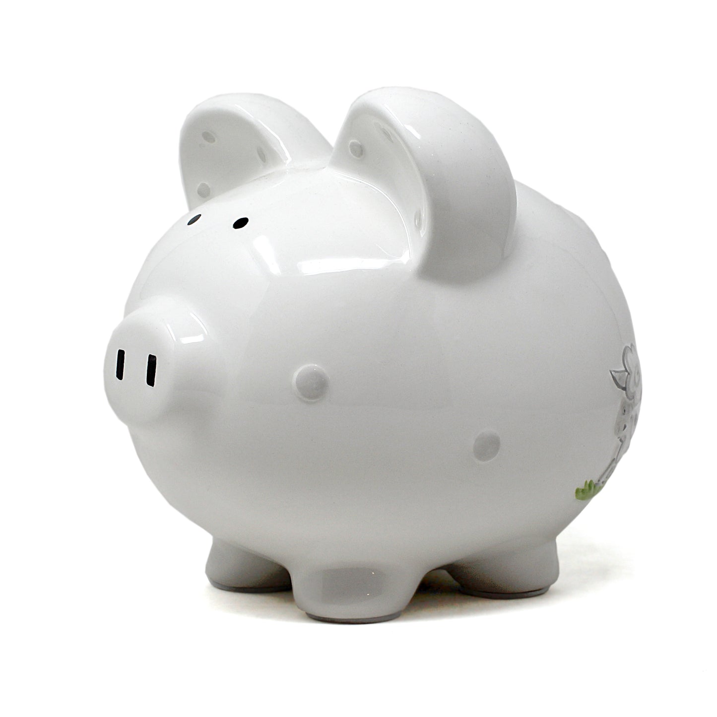 Glossy white piggy bank with handpainted lamb and grass, seen from front right