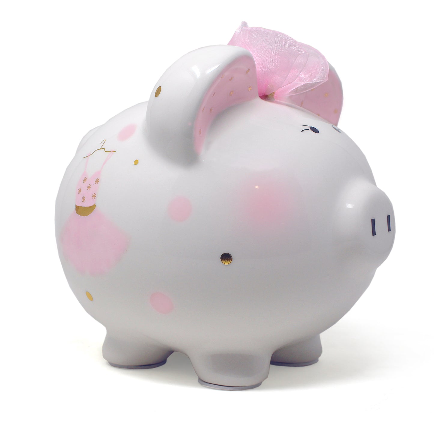 White ceramic piggy bank with pink polka dots and handpainted ballerina dress, viewed from front side