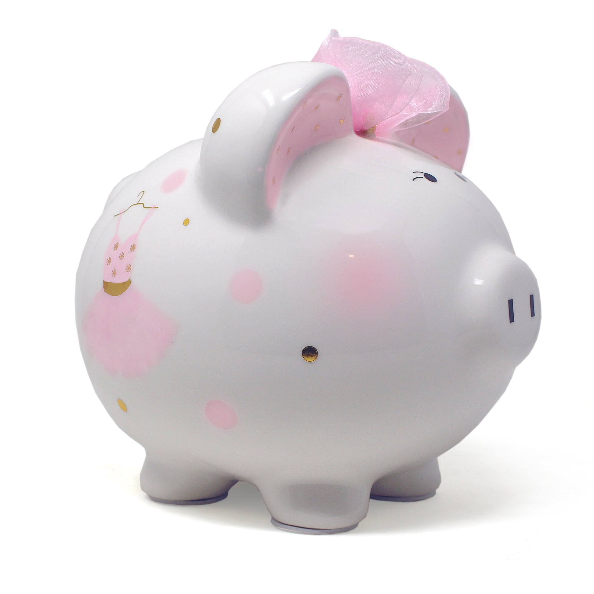 White ceramic piggy bank with pink polka dots and handpainted ballerina dress, viewed from front side