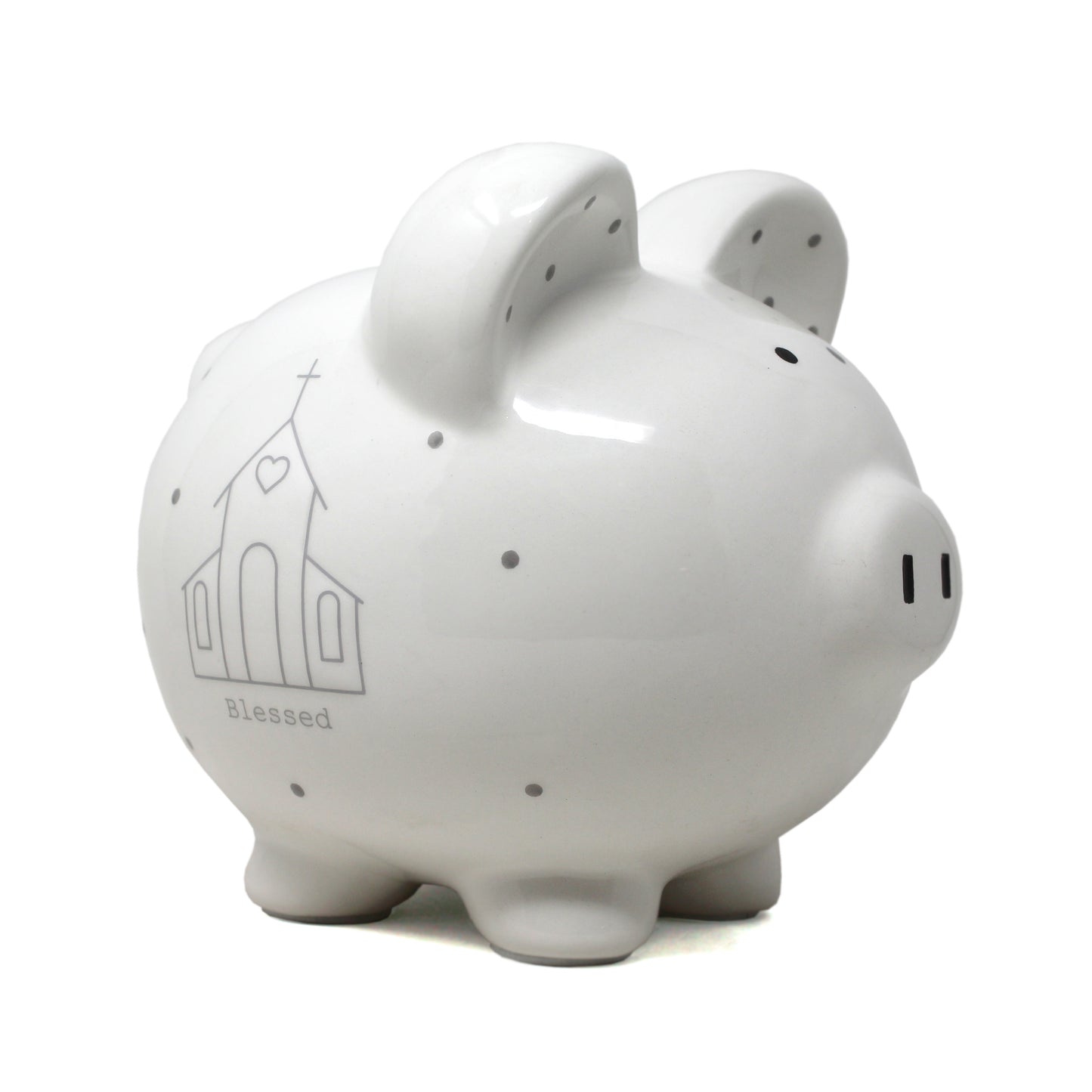 White ceramic piggy bank with handpainted gray church and polka dots, labeled Blessed