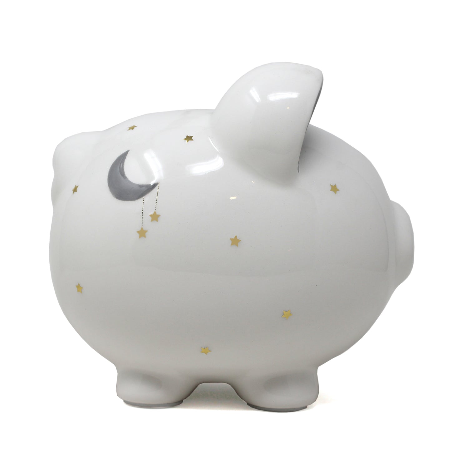 White ceramic piggy bank with handpainted golden stars and gray crescent moon on side